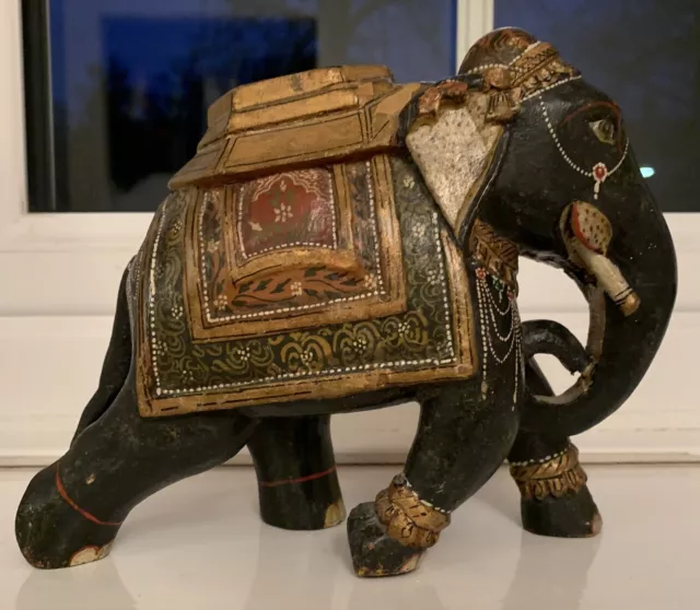 Antique Hand Painted Indian Wooden Elephant