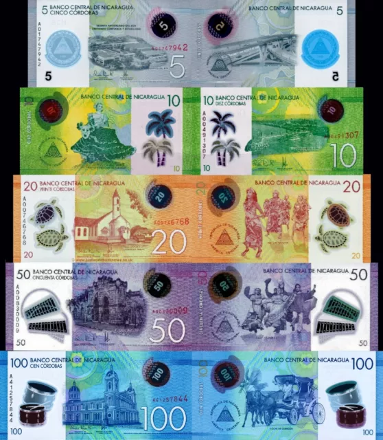 NICARAGUA - Lotto 5 banconote 5/10/20/50/100 Cordobas 2015 Polymer FDS - UNC