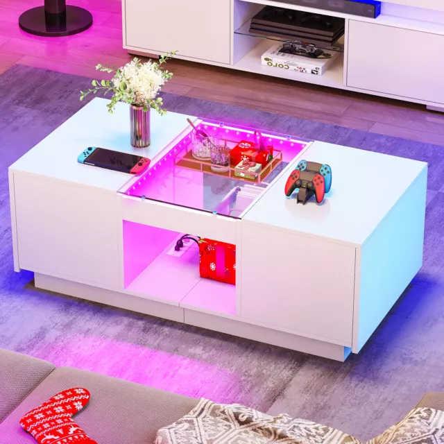 Modern LED Coffee Table with Power Outlets White 2 Drawers Living Room Table