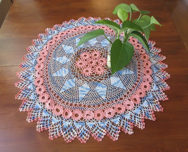 Large Colorful Vintage HANDMADE LACE DOILY  in Peach and Blue  24" Crochet 1940s