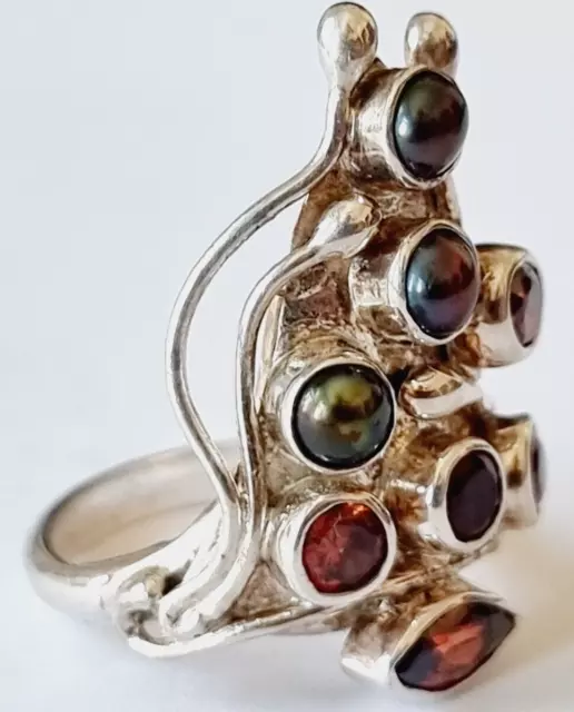 C0181 - Unikater 925er Silber Ring Perlen Granat - Modernist Design Schmuck 2