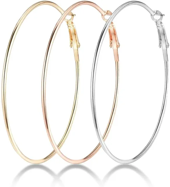 Large Hoop Earrings set of 3 Pair Big Round Hoop Earrings 14K Gold Plated