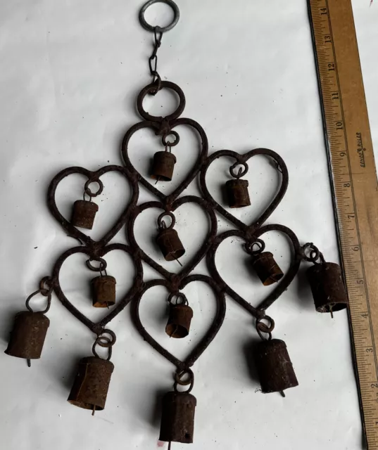 vintage rustic rusted and weathered metal heart and bells chime