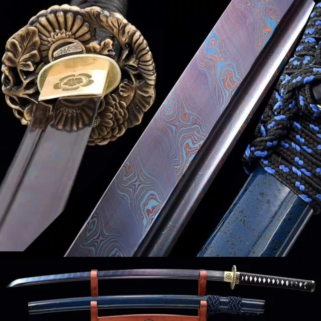 High Quality Blue Red Damascus Steel Katana Copper Tsuba Japanese Samurai Sword