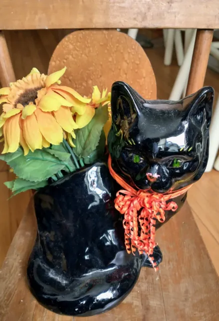 Vintage Ceramic Black cat planter heavy Halloween Decoration 1950s