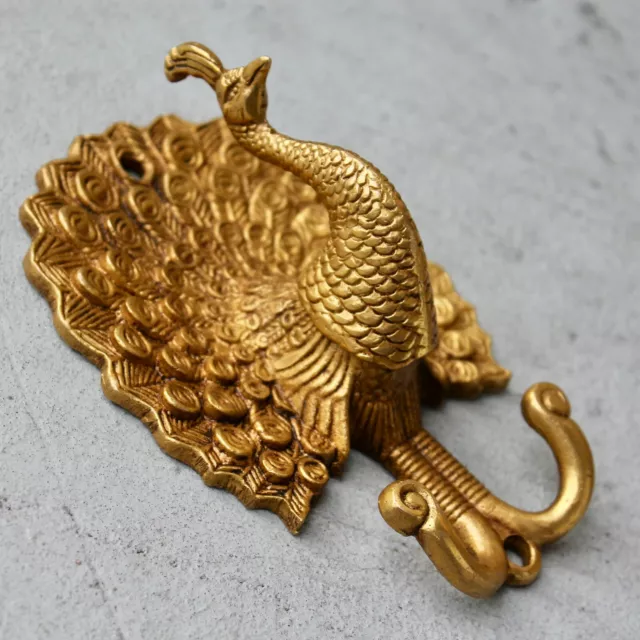 Antique Solid Brass Peacock coat hook rustic VTG bronze hook mid century modern
