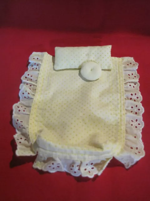 Handmade miniature dollhouse bed spread w/ pillow, 1:12 scale, yellow & white