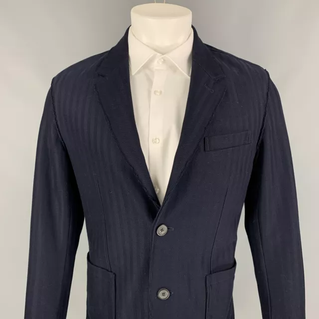 LANVIN Size 42 Navy Herringbone Cotton Notch Lapel Sport Coat 2