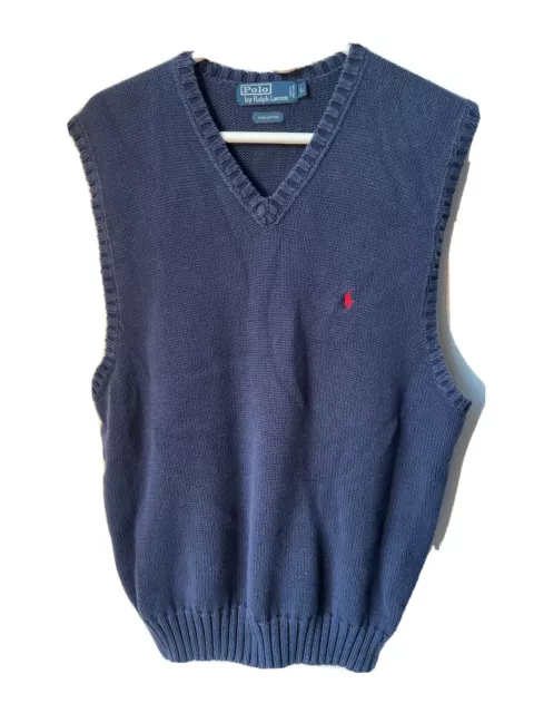 Polo Ralph Lauren Sweater Vest Mens Large Navy Blue V-Neck Cable Knit Sleeveless