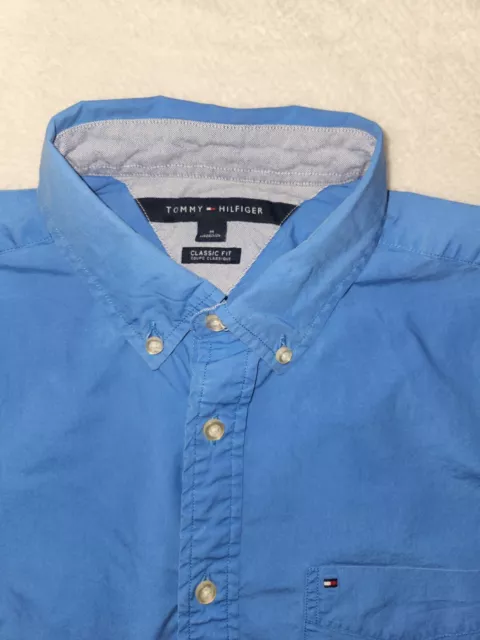 TOMMY HILFIGER SHORT Sleeve Shirt Men's Medium Blue 100% Cotton Button ...