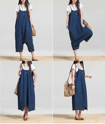 Womens Overall Dress Jeans Pinafore Loose Denim Dungaree  Suspender Skirt Baggy