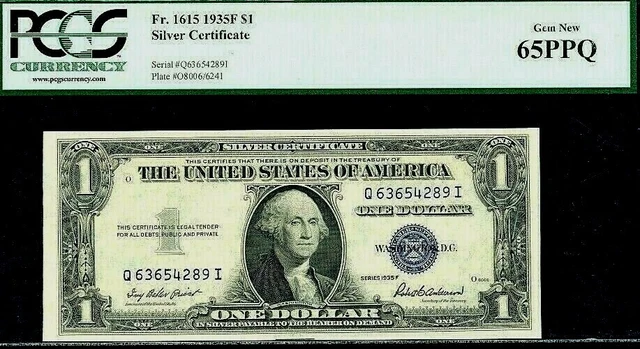 Fr.1615 $1.00 1935-F SILVER CERTIFICATE Q63654289I PCGS 65 PPQ GEM UNCIRULATED!!