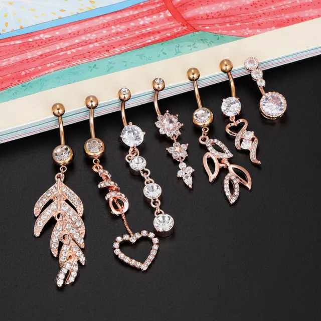 7× 14G CZ Dangle Belly Button Ring Surgical Steel Navel Barbell Piercing Jewelry
