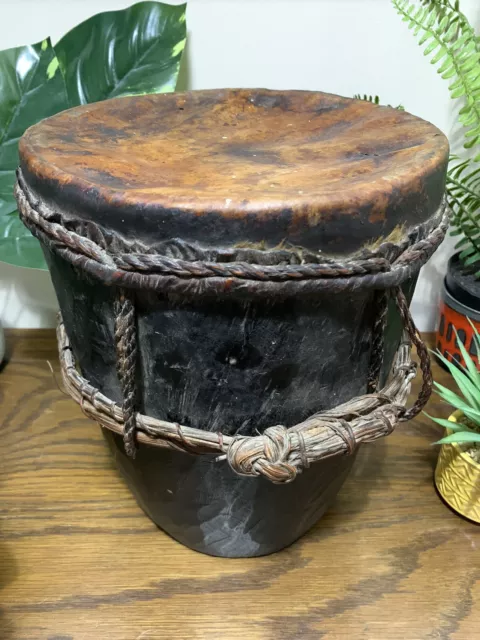 Antique African Small Hand Carved Tribal Drum Leather Skin With Patination