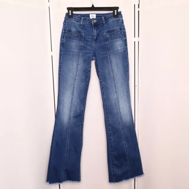 Wash Lab Flare Leg Jeans Distressed Size 25 Womens Raw Hems Blue Stretch Denim