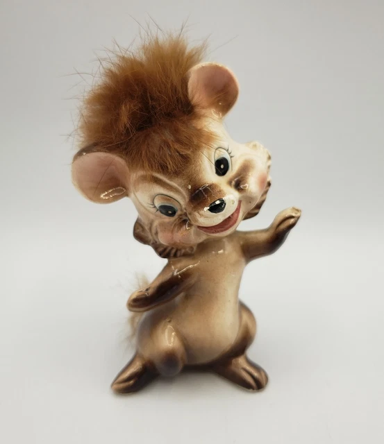 VINTAGE KITSCH Ceramic Figure Adorable Smiling Mouse Furry Fur Anthropomorphic