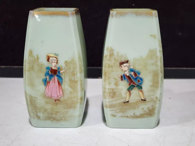 Pair- Victorian Jade Green Glass Courtly Courting Couple Enamel Vases 5 1/4"