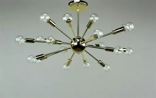 Mid Century Polished Brass Atomic Sputnik Starburst Chandelier Light Fixture