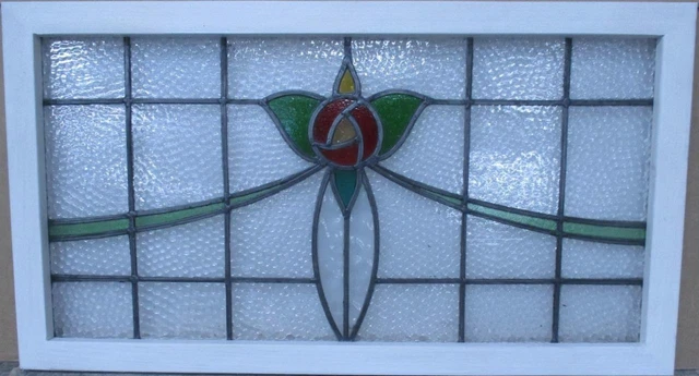 OLD ENGLISH LEADED STAINED GLASS WINDOW TRANSOM Floral Swoop 32" x 17.75"