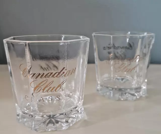 Pair of vintage Canadian Club Classic Whiskey Octagon shot sipper glass glasses