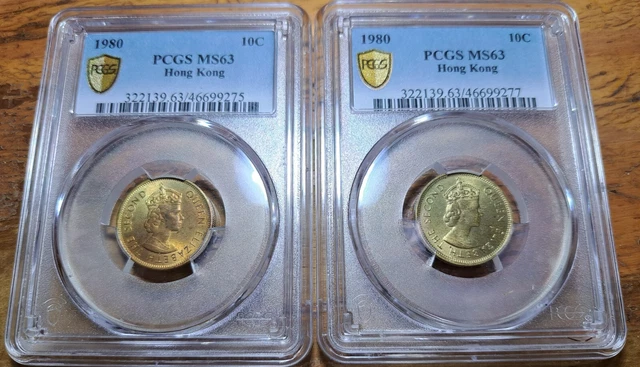 hong kong 10 cents 1980 PCGS MS 63 lof of 2(2)