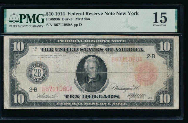 AC Fr 893b 1914 $10 New York FRN red seal PMG 15