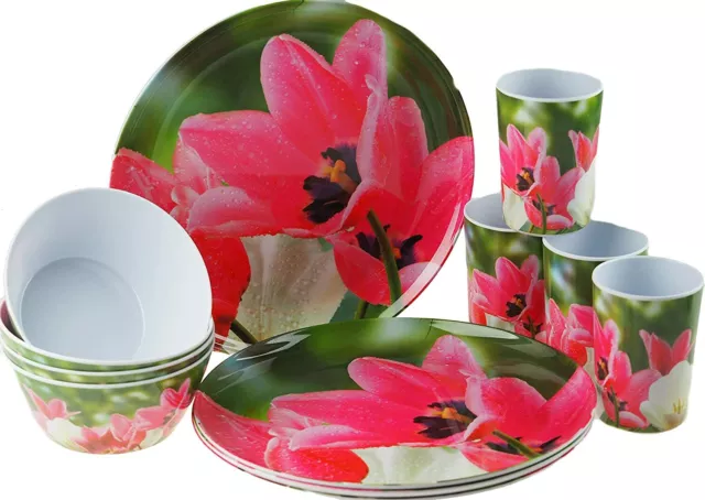 12Pc Melamine Dinner Set Crockery Pink Floral Outdoor Dining Plates Bowls Cups