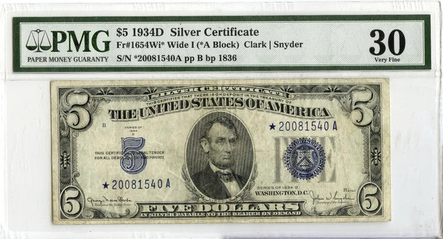 1934-D $5 Silver Certificate PMG 30 Very Fine Star Note Fr#1654Wi Currency DM298