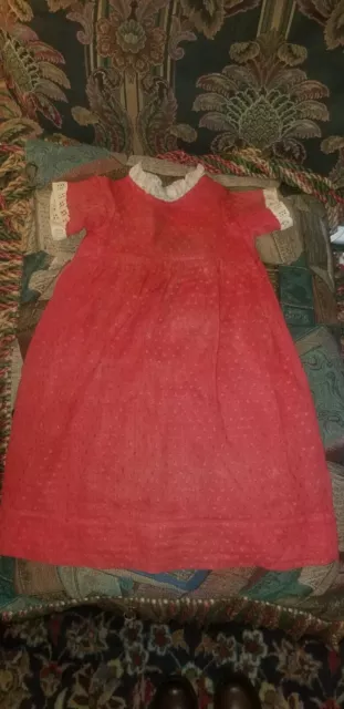 ANTIQUE RED DOTTED SWISS DOLL DRESS WITH LACE DOTTED COLLAR  approx 18” long