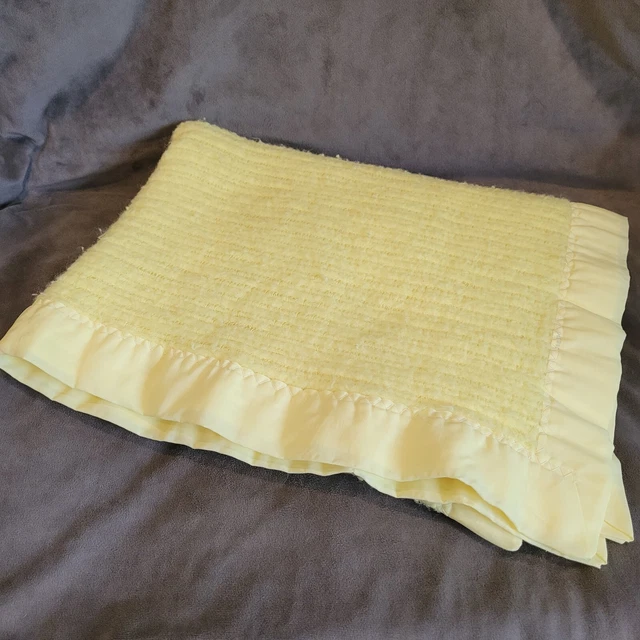 VINTAGE BABY BLANKET Acrylic Thermal Satin Trim Edge Yellow Waffle