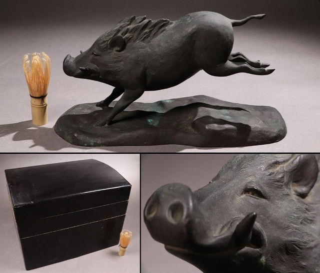 BOAR Bronze Statue 13.9 inch MEIJI Era Japan Antique Old Metal Figurine Figure