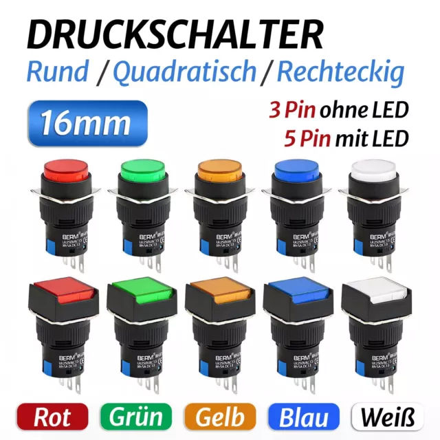 16mm Drucktaster Druckschalter Rastend Tastend Beleuchtung 1 Schließer 1 Öffner