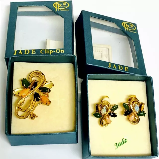 Pan Pacific BC Jade Brooch And Clip-on Earrings In Boxes