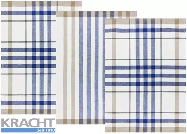 Kracht Halbleinen Geschirrtuch 50x70 2X Karo 1x Streifen 2-930-11 blau 3er Pack