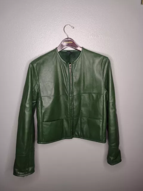 Giorgio Armani Women's Leather Pellicceria Fur Jacket Coat 44 Green Zip