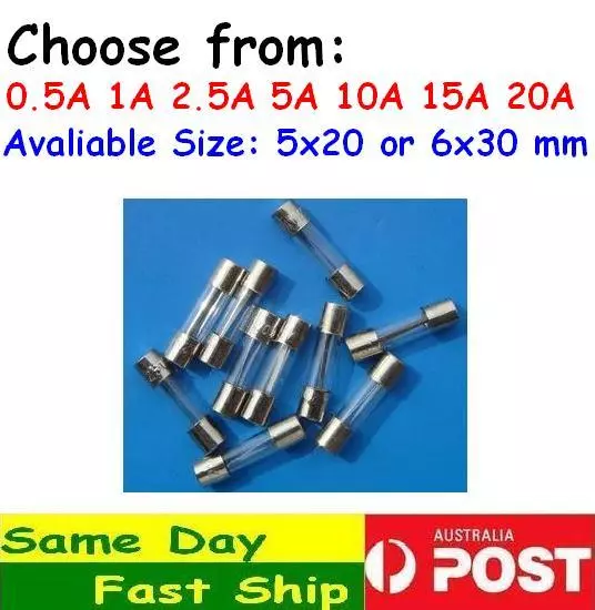 2 x Glass Fuse Fast or Slow Blow Size 5 x 20 mm or 6 x 30 mm AU local fast ship