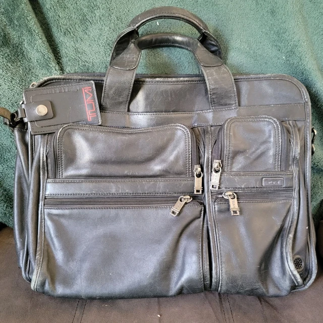 Tumi Alpha Expandable Black Leather Laptop Briefcase Messenger Bag