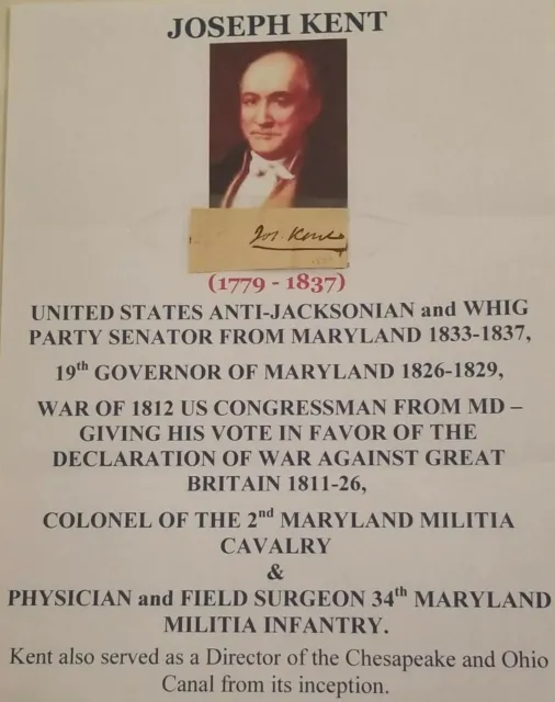 1832 Signed Cut Joseph Kent 2nd Maryland Calvary Surgeon War 1812 MD Gov 1826