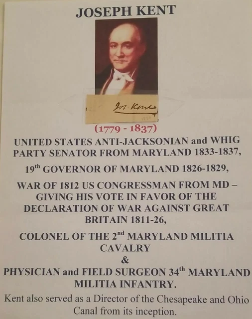 1832 Signed Cut Joseph Kent 2nd Maryland Calvary Surgeon War 1812 MD Gov 1826