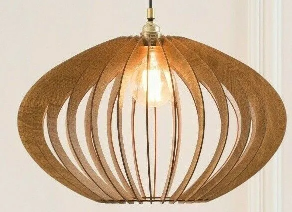 DEZAART NEW ELLIPSE Wood Pendant Light, Mid- Century Ceiling Fixture, Scandi