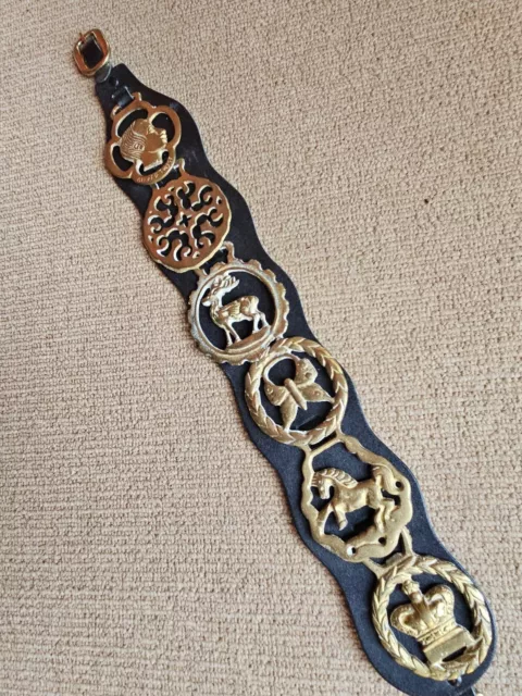 6 Antique Equestrian Brass Medallion Horse Brasses On 17”Harness