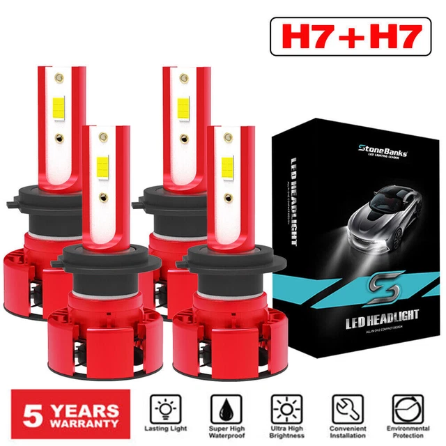 4PCS H7+H7 LED CSP Headlight Bulbs Kit High Low Beam 6500K Super Bright White