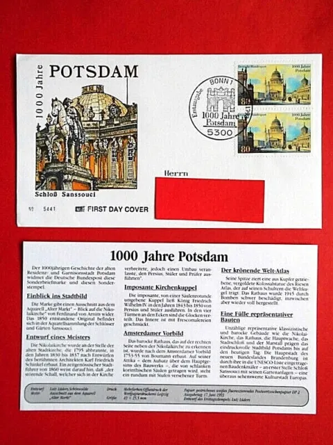 Brief Ersttagsbrief Ganzsache BRD 1996 1000 Jahre Potsdam Mi. Nr. 1680 Paar FDC