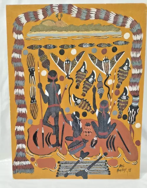 Aboriginal Art Authentic Basil Roughsey '98 Hunter Gatherer Acrylic on Canvas AF