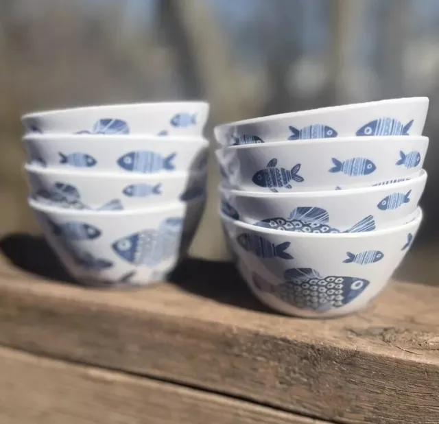 8 PC Sigrid Olsen Melamine Blue School Of Fish Appetizer Dip Snack Barware Bowls