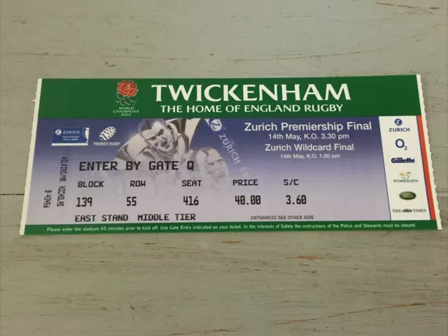 2005 Leicester V London Wasps Zurich Premiership Final Club Rugby Ticket Vgc