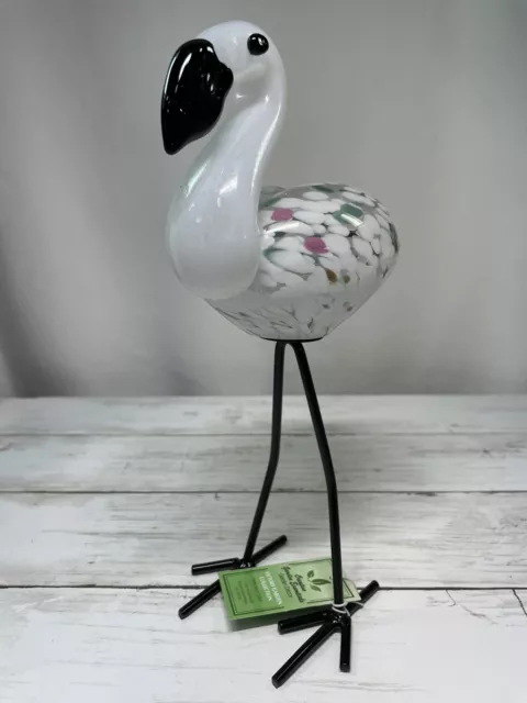 Hand Blown Glass Flamingo White Pink Green,  Creative Garden Essentials 10" tall 2