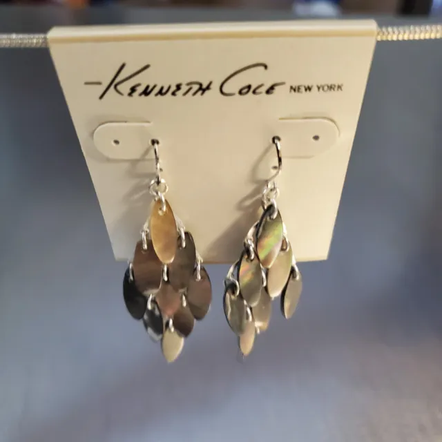 Kenneth Cole New York Earrings Abalone Dangle Drop Silver Tone