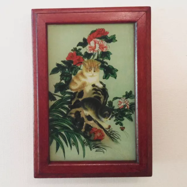 ~ Chinese Export Reverse Glass Hand Painted Wood Box - Kittens Playing