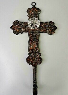 Ornate Decorative Cross Wall Hook & Knob Coat Hat Hanger Wrought Iron